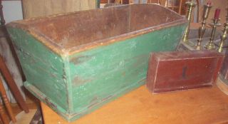 FABULOUS BIG ANTIQUE DOUGH BOX, TRENCHERT AWESOME FORM, MUTED GREEN