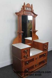 Antique Victorian Walnut Eastlake 45 Marble Top Dresser and Mirror