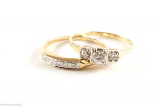 1940’s 14k Yellow Gold Diamond Wedding Ring Band Set Size 7 5