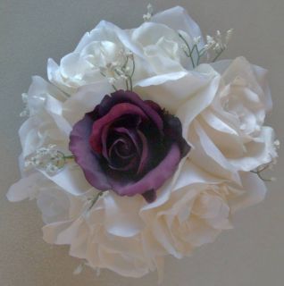 Silk Ivory Plum Roses 5 Pcs Wedding Bridesmaids Bouquet