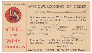 Worcester MA 1938 US Steel Advertising Postal Card