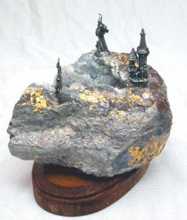 Pewter Unicorn Castle Wizard with Baby Dragon Gold Crystal Lined Geode