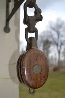 Antique Nautical wood brass Pulley Marked with trident and the letters