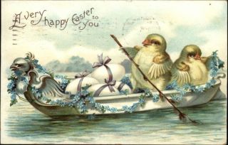 Easter Chicks w Eggs in Boat Embossed Greeting c1910 Postcard