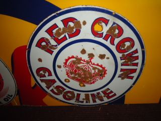 Vintage Red Crown Gasoline Porcelain Sign RARE L K