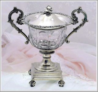 Majestic Antique French Sterling & Crystal Drageoir, Confituruer