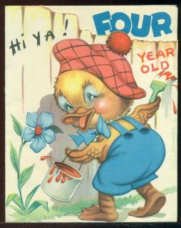 Vintage Birthday Greeting Card Hi Ya Four Year Old Silly Dressed Duck