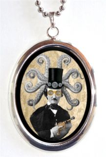 Edgar Allan Poe Octopus Steampunk Silver Tone Necklace