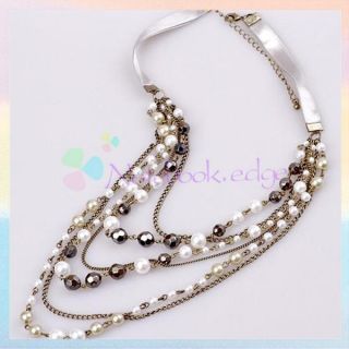 Gorgeous Multi Layer Long Chain Pearl Beads Ribbon Necklace Women