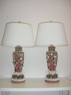  Red Coral and Exotic Shell Encrusted Tony Duquette Style Lamps
