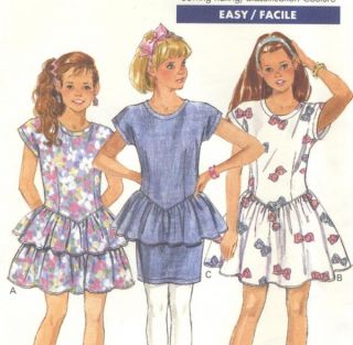Vintage 80s Girls Dress Sewing Pattern Shaped Dropped Waist Cap Sleeve