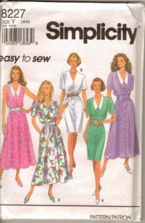 Simplicity 8227 Pattern Easy Front Button Dress Misses Size 18 20 22