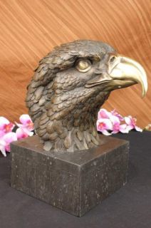 Stunning Signed Hot Cast Bronze Eagle Statue on Marble Wild Bird Bust