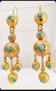  French Earrings 18K Gold Turquoise Napoleon III Long Drops 5153