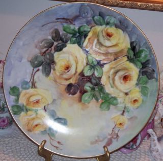 Antique J C Bavaria 12 Large Charger Plate Hand Painted Yellow Roses
