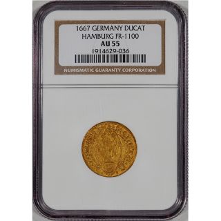 1667 Germany Hamburg Gold Ducat   NGC AU55   Lots of Mint Luster