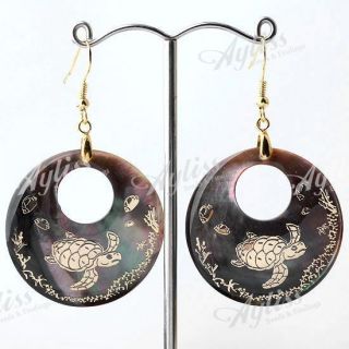 Pair Black Shell Jewelry Turtle Coin Dangle Earring