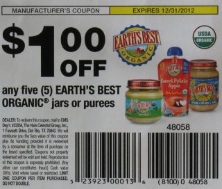 20 Coupons $1 00 5 Earth’s Best Organic Baby Food Jars Purees 12 31