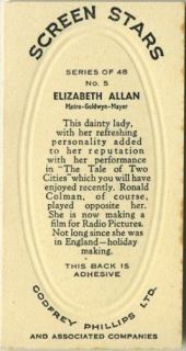 Elizabeth Allan 1936 Godfrey Phillips Screen Stars Tobacco Card 5