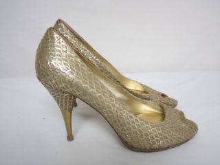 MIU MIU Gold Snakeskin Leather Peep Toe Heels Sz 39 