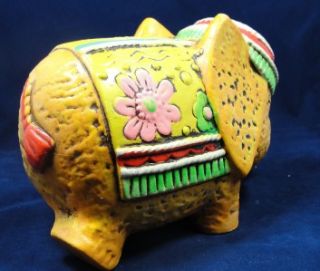 Vtg 60s 8 Ceramic Big Eye Elephant Piggy Bank Yellow Rasta Hat Flower