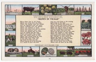  in Texas Linen Postcard c1940s Elmer Fisk Poem Texas Products