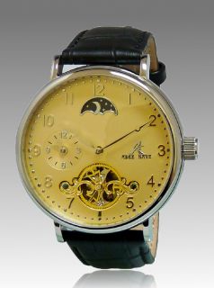 Adee Kaye Mens Automatic 22 Jewels Yellow Dial Leather Watch AK7117