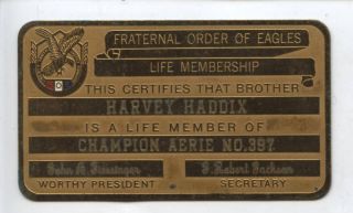 Fraternal Order of Eagle Lifetime Pass Harvey Haddix EX