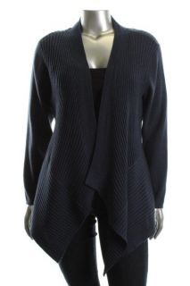 Eileen Fisher New Blue Wool Ribbed Open Front Shaped Cardigan Sweater