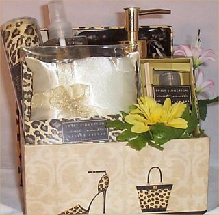 Leopard Print Gift Basket Vanilla Scented Inscents Spray Soap Pump