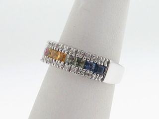 Effy Pre Owned Multi Colored Sapphires Diamonds 14k White Gold Ring