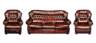 Vintage Suite of Dukes Style Red Leather Sofa and Armchairs