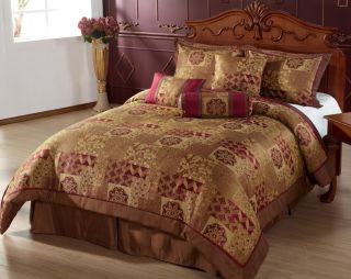 Cal King Size Hindu Bed in A Bag 7pc Comforter Set Brown Gold Burgundy