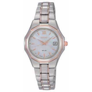 Seiko Womens Two Tone Solar Dress Watch with Mother of Pearl Dial and