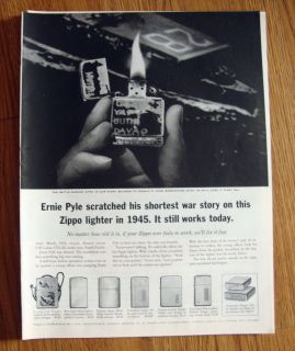 1961 ZIPPO Lighter Ad Ernie Pyle Shorted War Story Belongs Hyde
