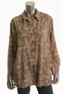 Ellen Tracy New Jewel Box Tan Printed Adjustable Sleeves Button Down