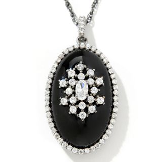 Black Agate and CZ Sterling Silver Oval Pendant with 18 Chain