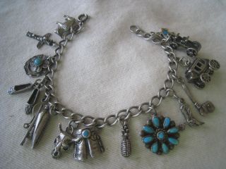Vtg Sterling Western Charm Bracelet with Turquoise 68 Grams