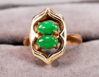 Vintage Jade with Enamel Ladies 14K Yellow Gold Ring ~ Ring Size 3