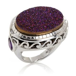 East/West Red Magenta Drusy and African Amethyst Sterling Silver Ring