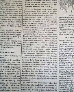 1893 Newspaper EMMA GOLDMAN Arrested   Sea Islands HURRICANE Disaster