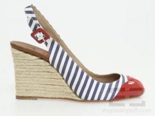  Louboutin Blue & White Striped Canvas & Red Patent Espadrilles, 39 NEW