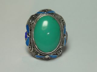 Estate Antique Chinese Turquoise Enamel Sterling Silver Ring Size 8
