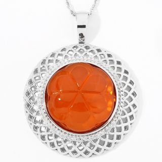 Age of Amber Round Carved Amber Flower Sterling Silver Pendant with