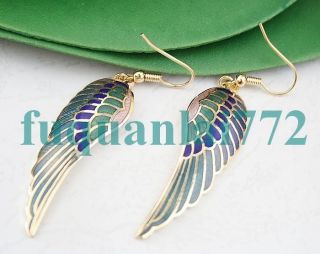 Gold Plated Cloisonne Angel Wing Dangle Earrings 3212