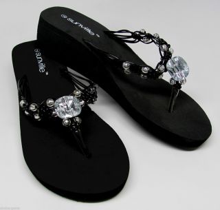 Ladies Black Beaded Eva Wedge Thongs Flip Flops Sandals Size 6 11 New