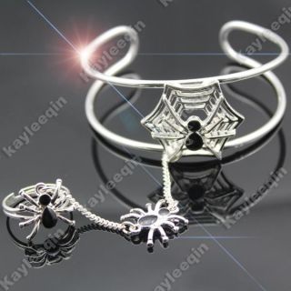 Fab Silver Spider Bracelet Bangle Cuff Ring Web Slave Chain Hand