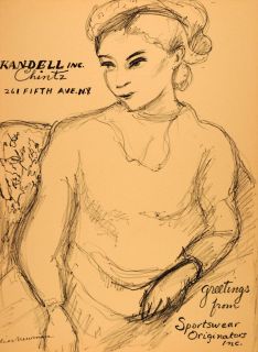 1951 Original Lithograph Elias Newman Charcoal Sketch Art Kandell