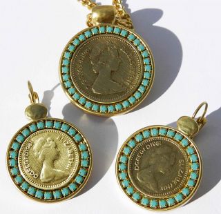 Set Vtg Elizabeth II 1984 Coin Gold Plated 24K Earrings Necklace