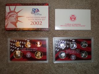 2002 US Mint Silver Proof Set w State Quarters w Original Box COA NR